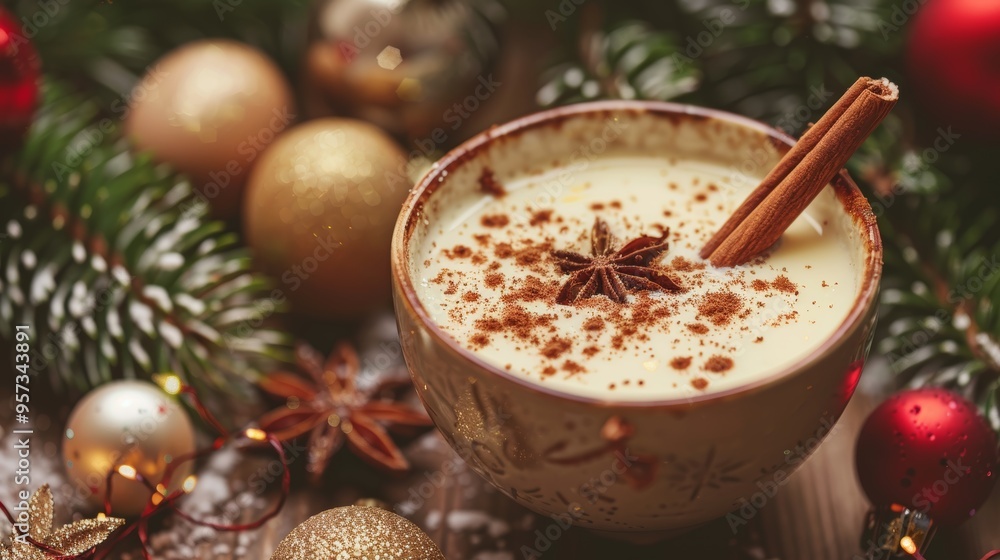 Festive Christmas Eggnog with Cinnamon Stick and Holiday Decorations - Perfect for Seasonal Designs Festive Christmas Eggnog with Cinnamon Stick and Holiday Decorations - Perfect for Seasonal Designs