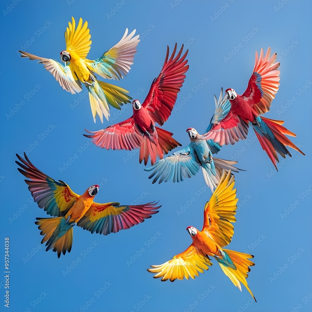 Fototapeta premium Nature scene featuring a group of colorful birds flying in formation image 