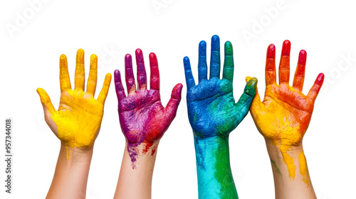 Colorful handprints showcasing creativity with paint on canvas isolated on transparent background