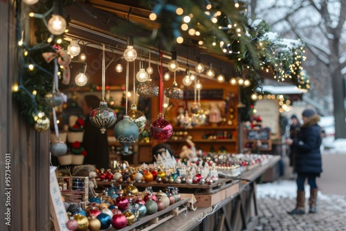 Charming Christmas Market Stall with Twinkling Lights and Handmade Festive Ornaments for Holiday Shopping