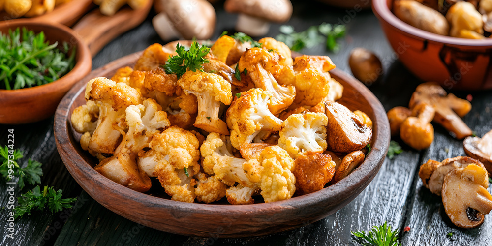 Bowl of Herb-Seasoned Golden Brown Cauliflower on Dark Table Bowl of Herb-Seasoned Golden Brown Cauliflower on Dark Table