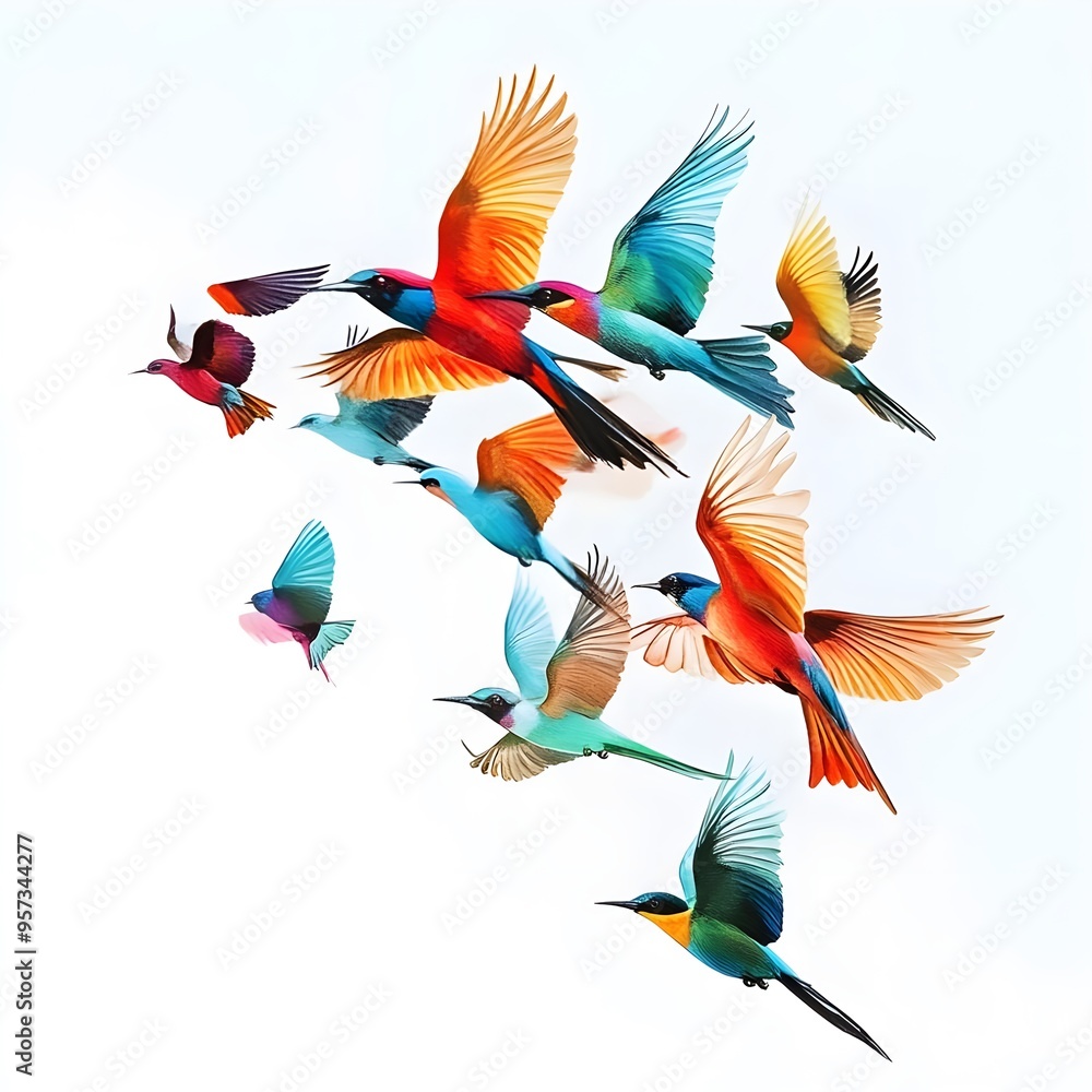 Obraz premium Nature scene with colorful birds flying in synchronized formation image