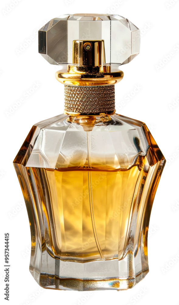 Elegant glass perfume bottle filled with amber fragrance liquid isolated on transparent background Elegant glass perfume bottle filled with amber fragrance liquid isolated on transparent background