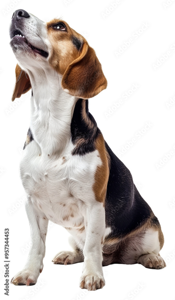 Cheerful beagle sitting upright and looking up indoors isolated on transparent background Cheerful beagle sitting upright and looking up indoors isolated on transparent background