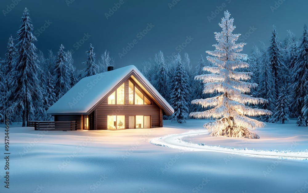 Fototapeta premium A cozy cabin surrounded by snow-covered trees, illuminated by warm light, creating a peaceful winter scene.