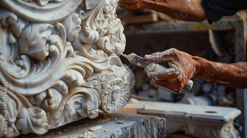 Artisan carving detailed stone patterns photo