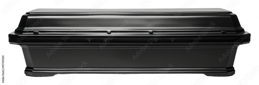 Simple black coffin displayed in an indoor setting for mourning isolated on transparent background Simple black coffin displayed in an indoor setting for mourning isolated on transparent background