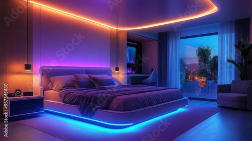 A smart home bedroom with AI-driven automation systems controlling lighting. Futuristic smart home bedroom with intelligent lighting automation.