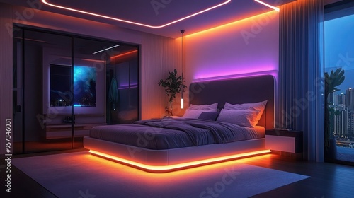 A smart home bedroom with AI-driven automation systems controlling lighting. Futuristic smart home bedroom with intelligent lighting automation.