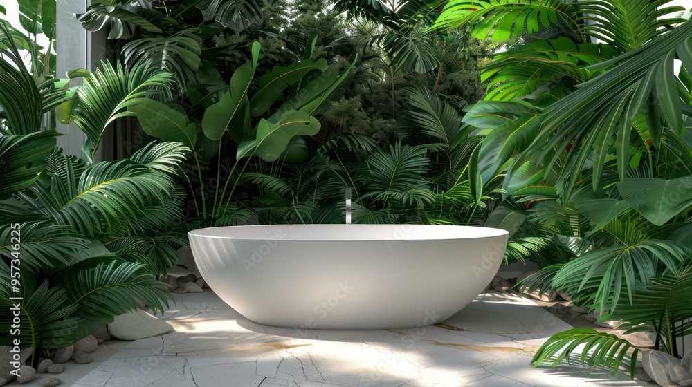 A white bathtub sits in a jungle setting, surrounded by lush greenery and sunlight. A white bathtub sits in a jungle setting, surrounded by lush greenery and sunlight.