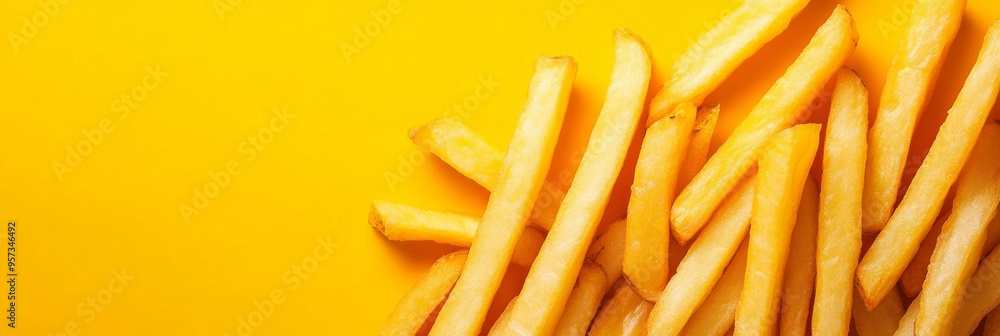 Fototapeta premium A neat pile of crispy French fries showcases their golden hue against a bright yellow background, inviting cravings for this classic, delicious snack