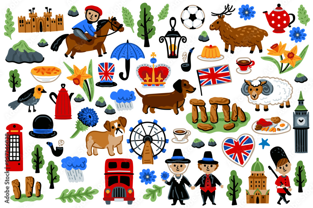 Fototapeta premium London set, United Kingdom Cartoon Icons Design Travel Concept. Red bus, castle, umbrella, crown. Travel landmarks vector illustrations.