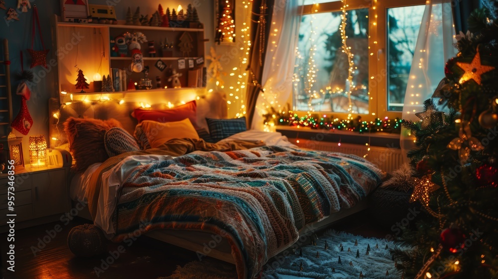 Cozy Bedroom with Christmas Themed Bedding, Twinkling Lights, and Holiday Decorations