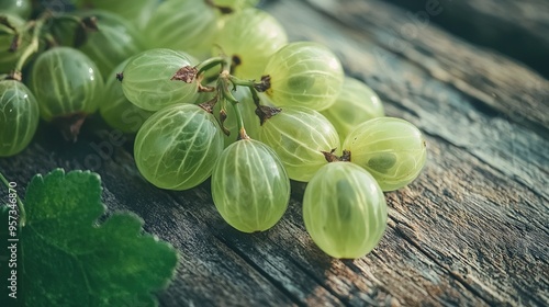   Green grapes atop wooden table, beside leafy green foliage