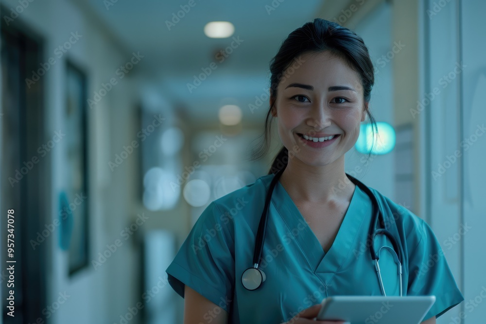 Portrait Of Smiling Female Doctor Wearing Scrubs In Hospital Corridor Holding Digital Tablet Portrait Of Smiling Female Doctor Wearing Scrubs In Hospital Corridor Holding Digital Tablet