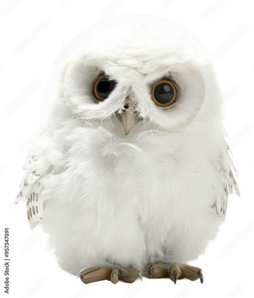 Fototapeta premium A fluffy white owl perched with big round eyes looking curiously isolated on transparent background