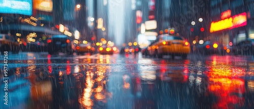 Vibrant Cityscape in the Rain: A Mesmerizing Blend of Lights and Reflections