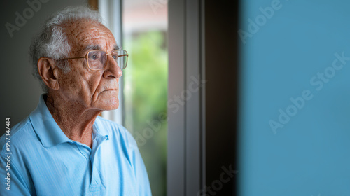 Elderly upset man looking into the void remembering the past, space for the concept symbolizing the problems of dementia and Alzheimer's disease