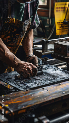 Artisan Using Traditional Printing Press photo