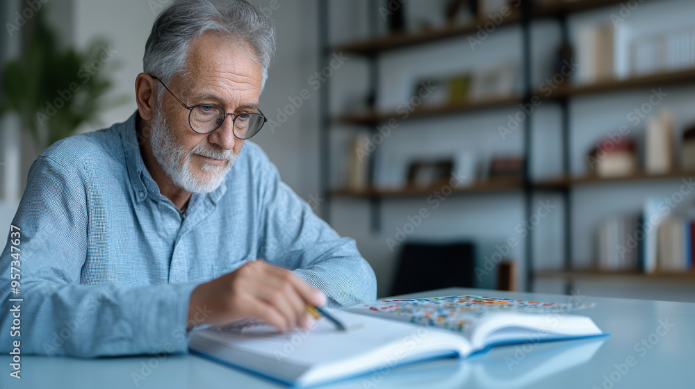 Elderly man with nostalgic expression reading book helping to highlight words with pen, remembering past, symbolizing dementia and Alzheimer's problems Elderly man with nostalgic expression reading book helping to highlight words with pen, remembering past, symbolizing dementia and Alzheimer's problems