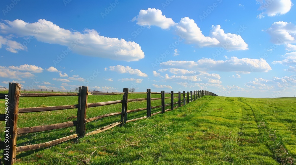 Field Fence. Rural Landscape with Wooden Fence in Green Fields Field Fence. Rural Landscape with Wooden Fence in Green Fields