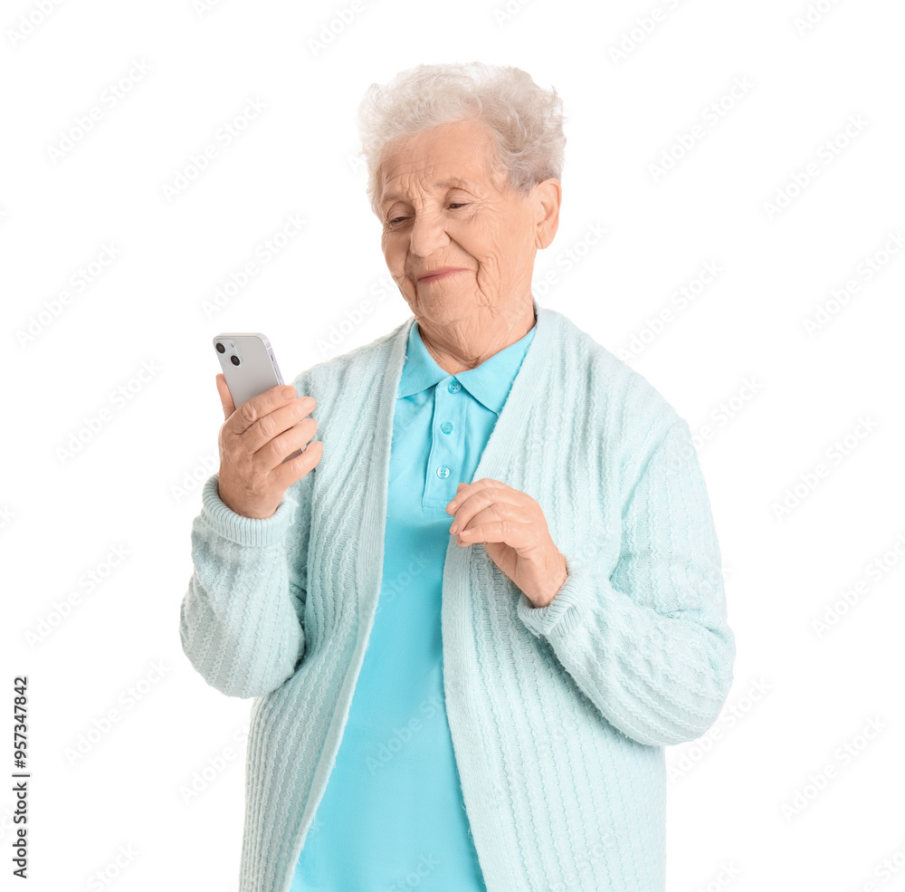 Senior woman using mobile phone on white background Senior woman using mobile phone on white background