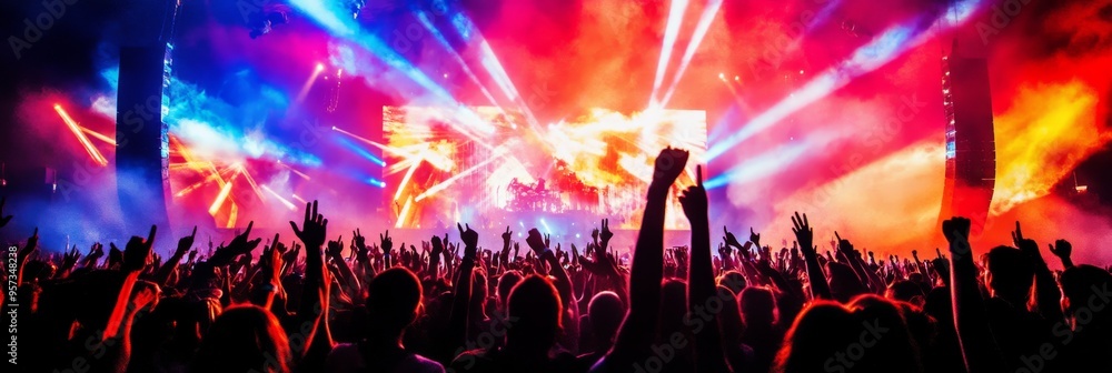 Obraz premium A lively crowd erupts in cheers, hands lifted high against a backdrop of colorful lights and dynamic visuals, celebrating the exhilarating atmosphere of a nighttime concert