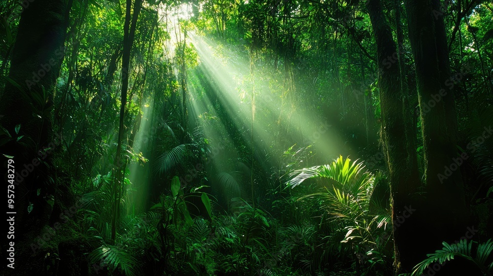 Obraz premium Dark rainforest, sun rays through the trees, rich jungle greenery 