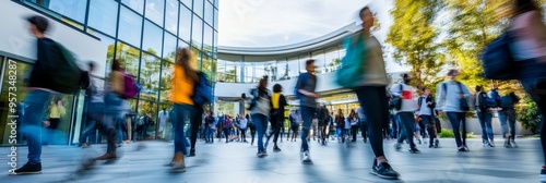 A dynamic group of diverse students moves energetically through a contemporary college courtyard, captured from a low angle with a sense of motion and life photo