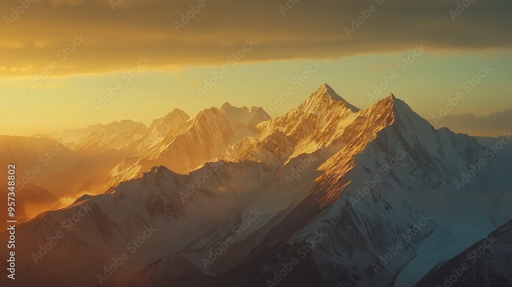 Naklejka premium A stunning mountain top view with the sun breaking through the clouds above