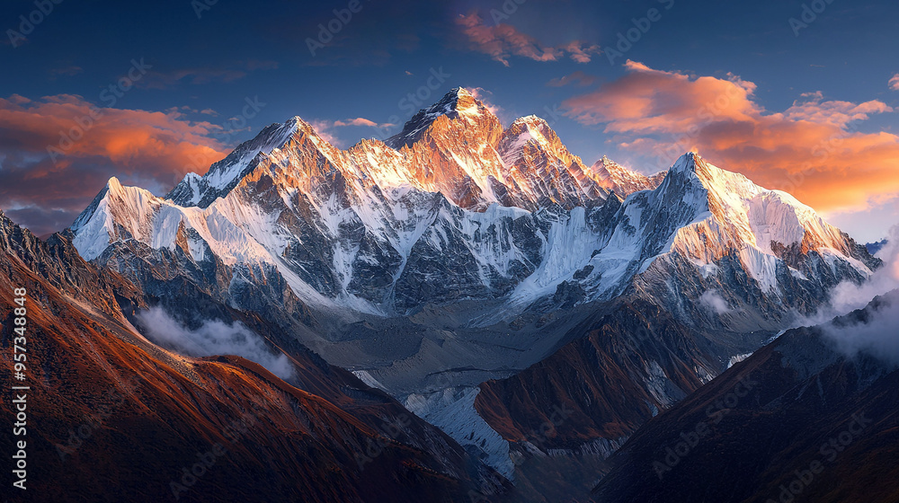 Obraz premium A towering mountain blanketed in snow stands majestically beneath a rosy and azure sky, with wisps of cloud framing its rugged peak