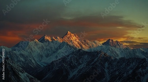  A stunning mountain peak bathed in golden sunlight against a backdrop of billowing clouds