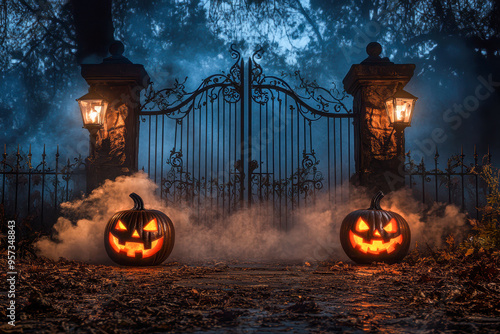 Halloween scene with old black gate, jack o lanterns in front of the gate and smoke