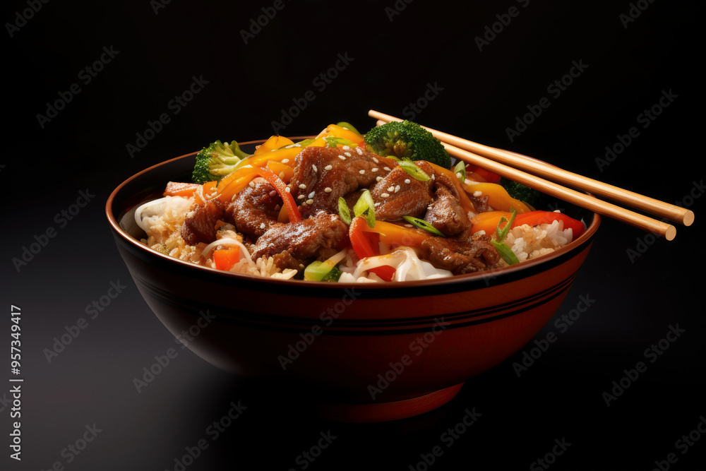 A colorful stir-fried dish with vegetables and meat served in a decorative bowl, illuminated against a dark background. Generative AI A colorful stir-fried dish with vegetables and meat served in a decorative bowl, illuminated against a dark background. Generative AI