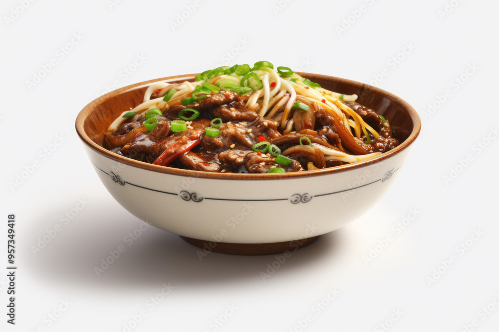 Delicious bowl of noodles topped with green onions and savory beef in a classic Chinese-style bowl against a minimalist background. Generative AI Delicious bowl of noodles topped with green onions and savory beef in a classic Chinese-style bowl against a minimalist background. Generative AI