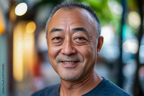 Middle aged Asian man with a gentle smile