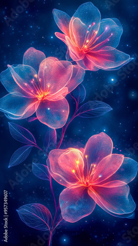 Neon banner Fantasy cosmic flowers on dark background