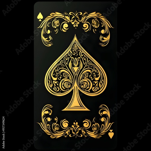 Intricately designed ace of spades card with a golden ornate image  photo