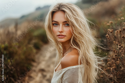 Blonde supermodel standing on a mountain trail