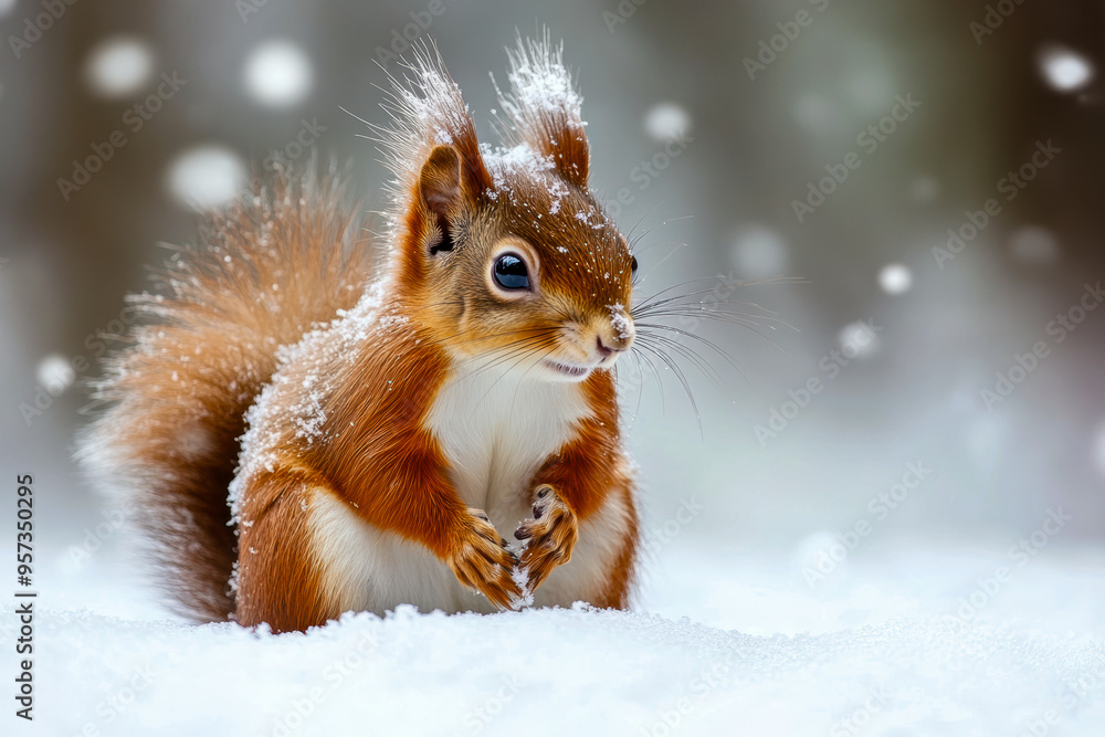 Red squirrel sitting in the snow in winter Red squirrel sitting in the snow in winter