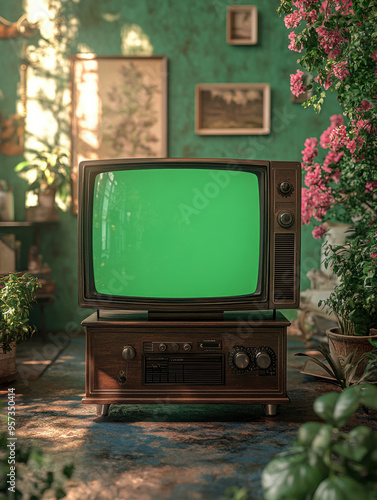 Retro vintage portable television in old style interior with chroma key green screen