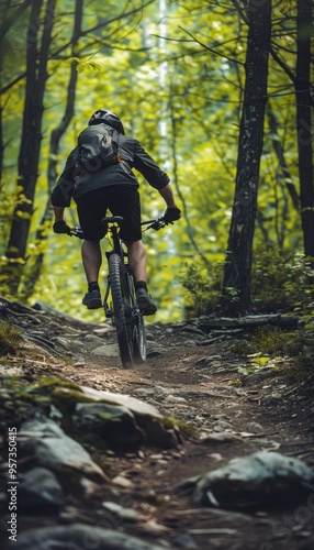 Mountain Biker Navigating Rocky Forest Trail - Adventure, Skill, Outdoor Sport Photography