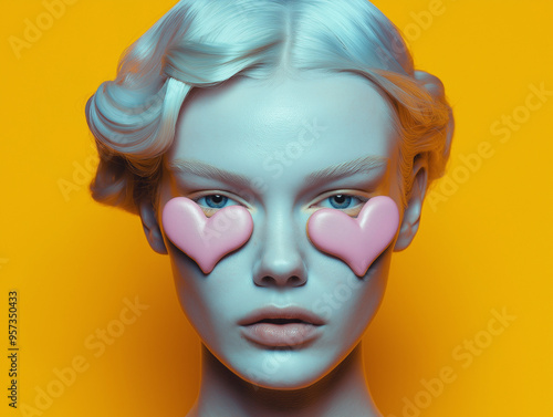 A model wearing pink heart-shaped patches over their eyes against a bold orange background. Artistic fashion photography with a vibrant and surreal visual concept.