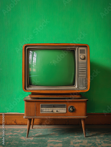 Retro vintage portable television in old style interior with chroma key green screen