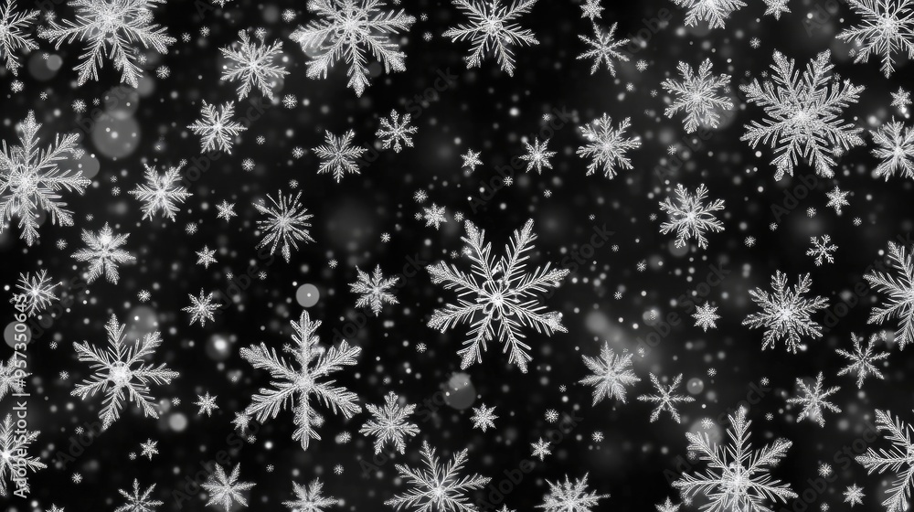 Magical snowflakes dancing on a deep black background, creating a serene Christmas and New Year atmosphere Magical snowflakes dancing on a deep black background, creating a serene Christmas and New Year atmosphere