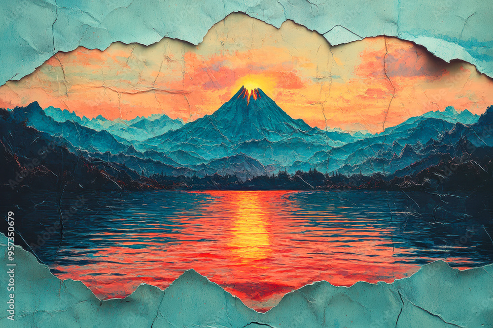 Surreal torn paper landscape with Volcanic Mountain and Fiery Sunset ...