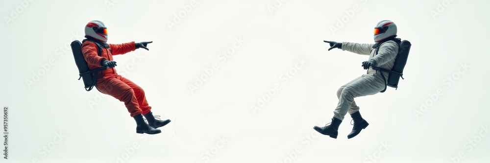 Two astronauts in contrasting suits hover in a surreal space environment, embodying adventure and exploration. Ideal for themes of innovation, technology, or teamwork. Two astronauts in contrasting suits hover in a surreal space environment, embodying adventure and exploration. Ideal for themes of innovation, technology, or teamwork.
