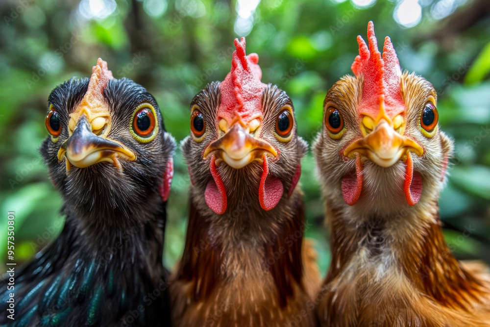 Fototapeta premium Three chicken in different colours