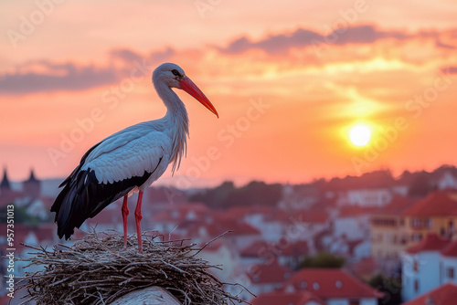 White stork perched in nest on rooftop