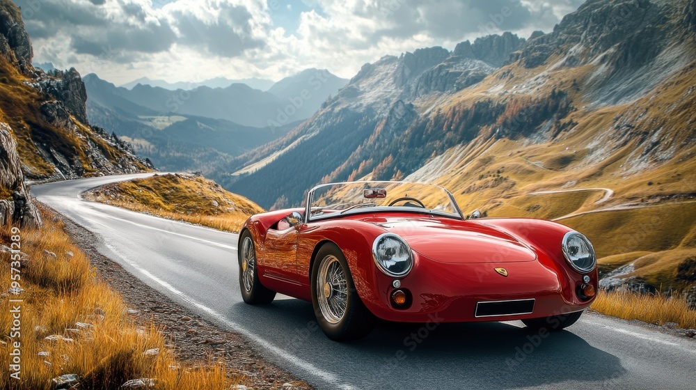 Classic sports car on a winding mountain road Classic sports car on a winding mountain road